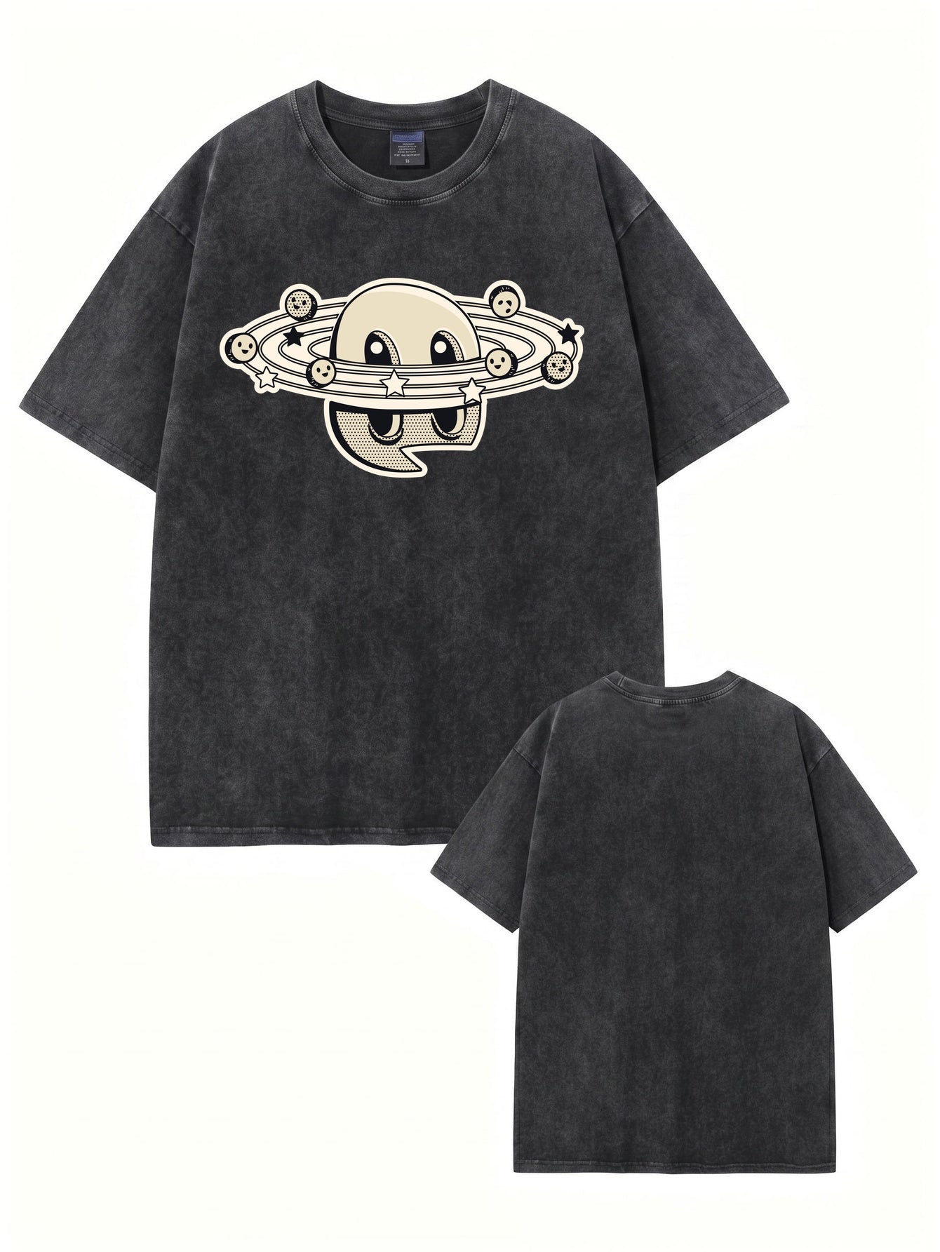 Vintage Washed Graphic T-Shirt | Retro Cartoon Planet Print Oversized Tee