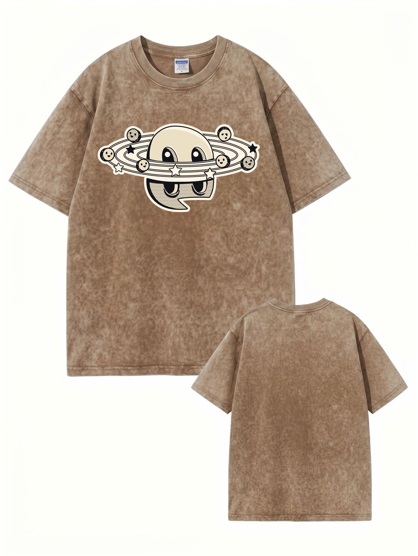 Vintage Washed Graphic T-Shirt | Retro Cartoon Planet Print Oversized Tee