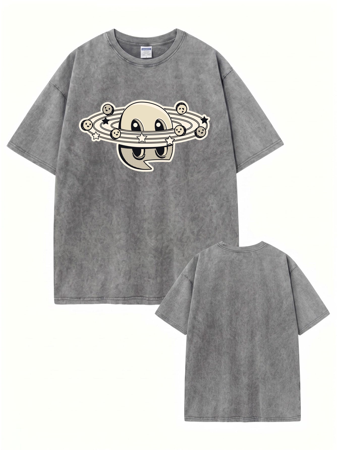 Vintage Washed Graphic T-Shirt | Retro Cartoon Planet Print Oversized Tee