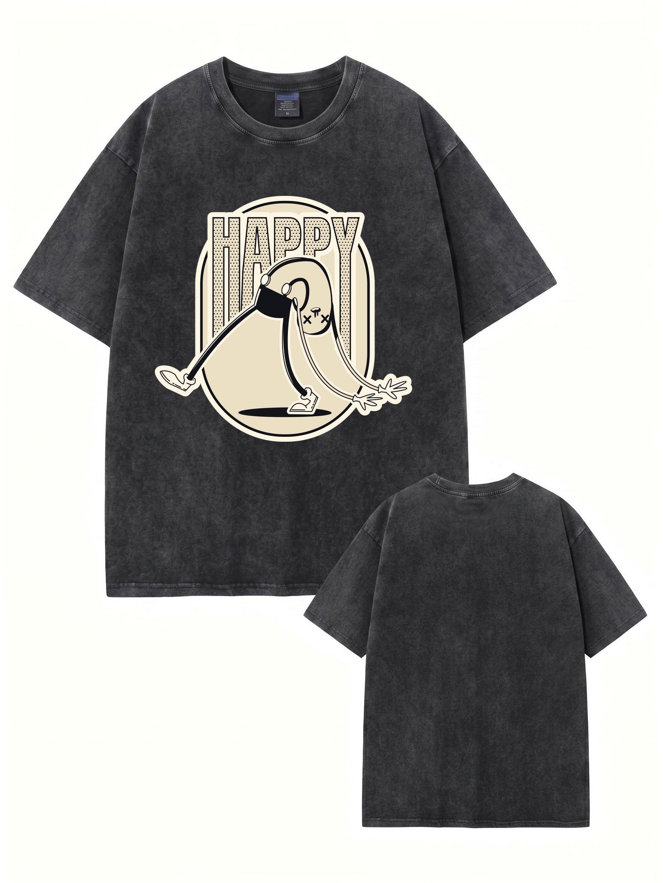 Vintage Washed Happy Cartoon Graphic T-Shirt - 300gsm Heavyweight Cotton