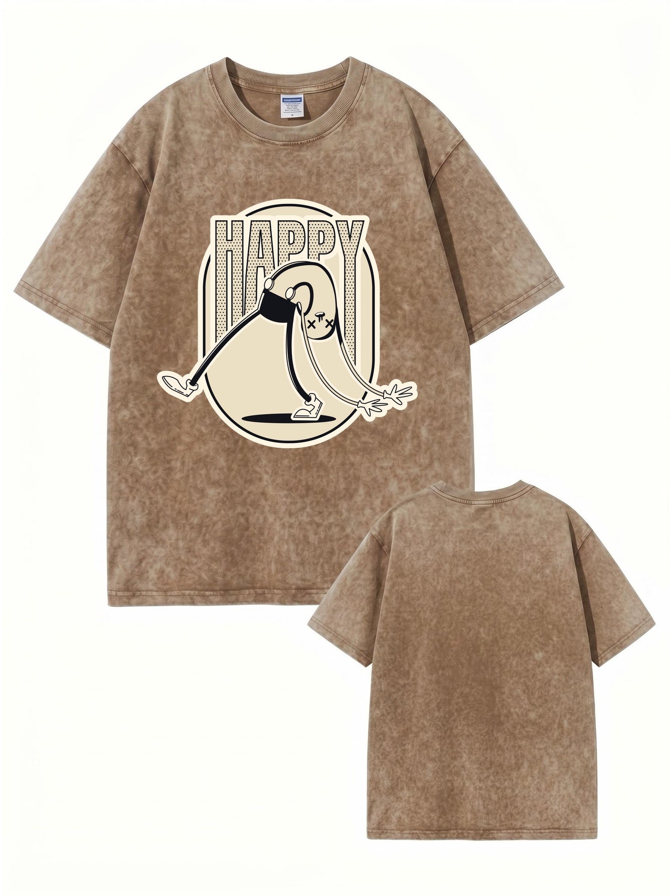 Vintage Washed Happy Cartoon Graphic T-Shirt - 300gsm Heavyweight Cotton
