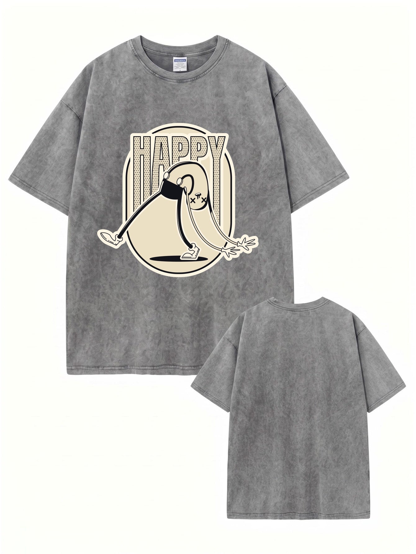 Vintage Washed Happy Cartoon Graphic T-Shirt - 300gsm Heavyweight Cotton