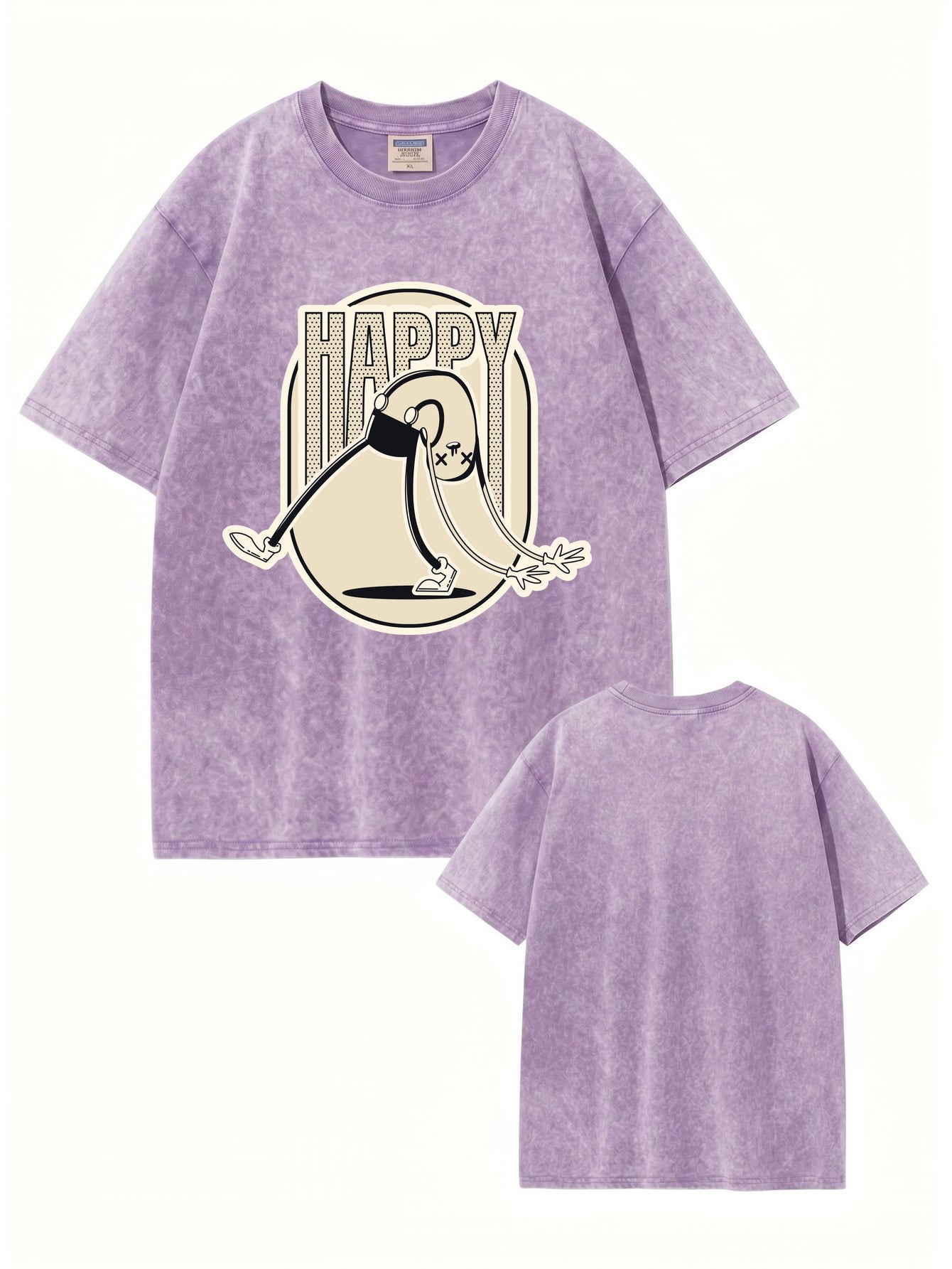 Vintage Washed Happy Cartoon Graphic T-Shirt - 300gsm Heavyweight Cotton
