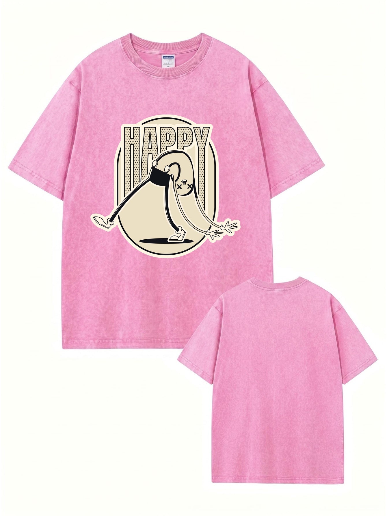 Vintage Washed Happy Cartoon Graphic T-Shirt - 300gsm Heavyweight Cotton