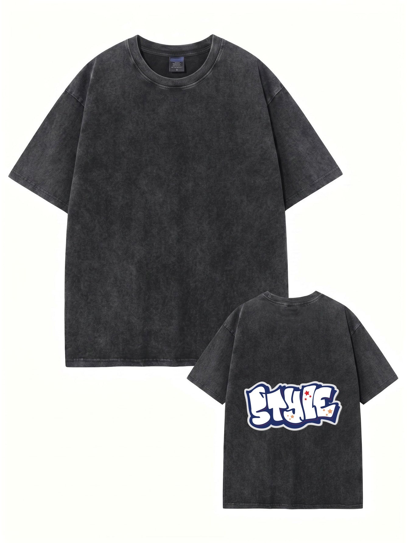 Vintage Washed Cotton T-Shirt with Graffiti STYLE Back Graphic