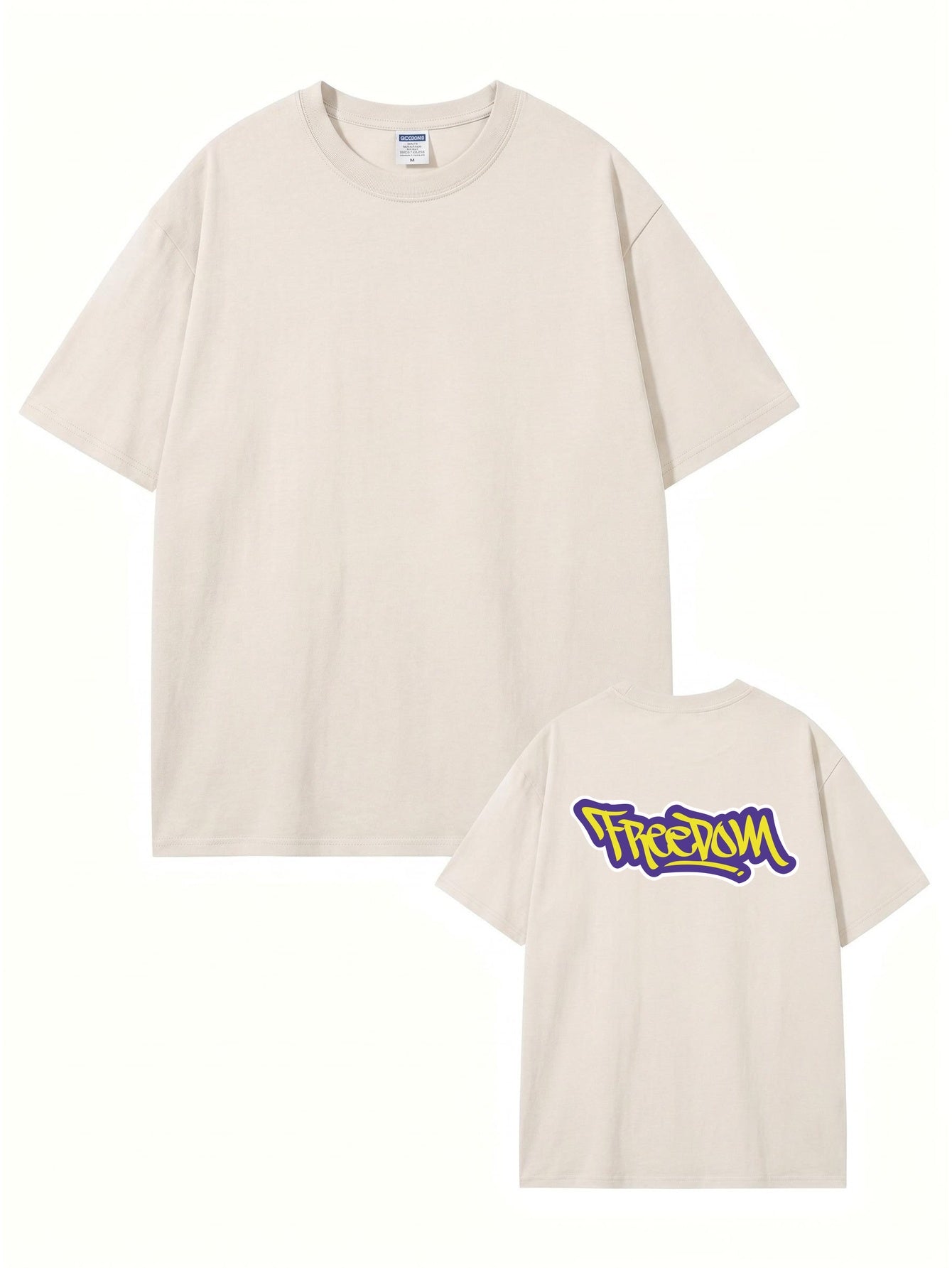 Vintage Washed Cotton T-Shirt with Graffiti 'Freedom' Back Print