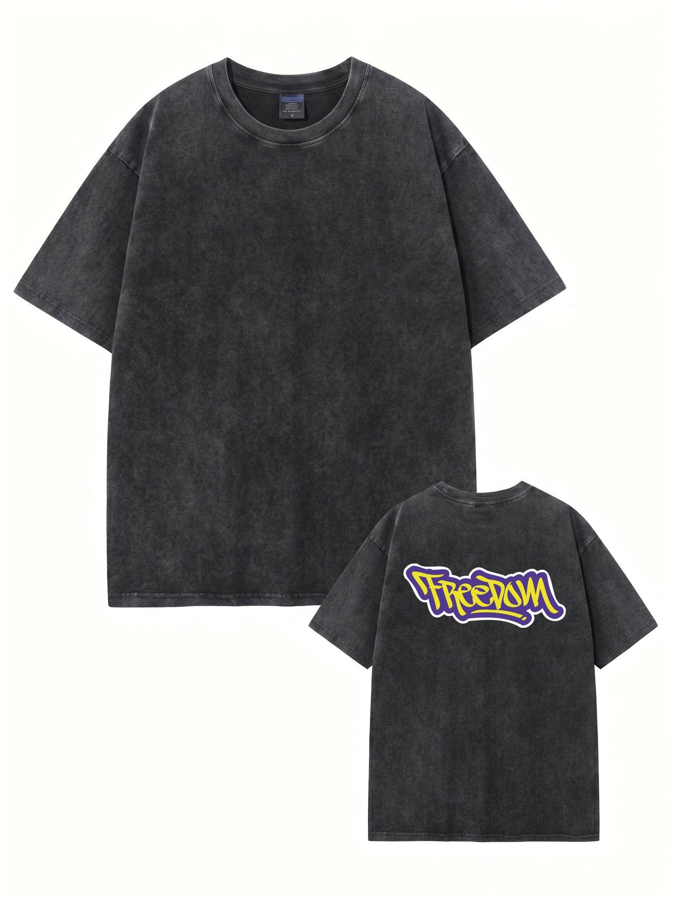 Vintage Washed Cotton T-Shirt with Graffiti 'Freedom' Back Print