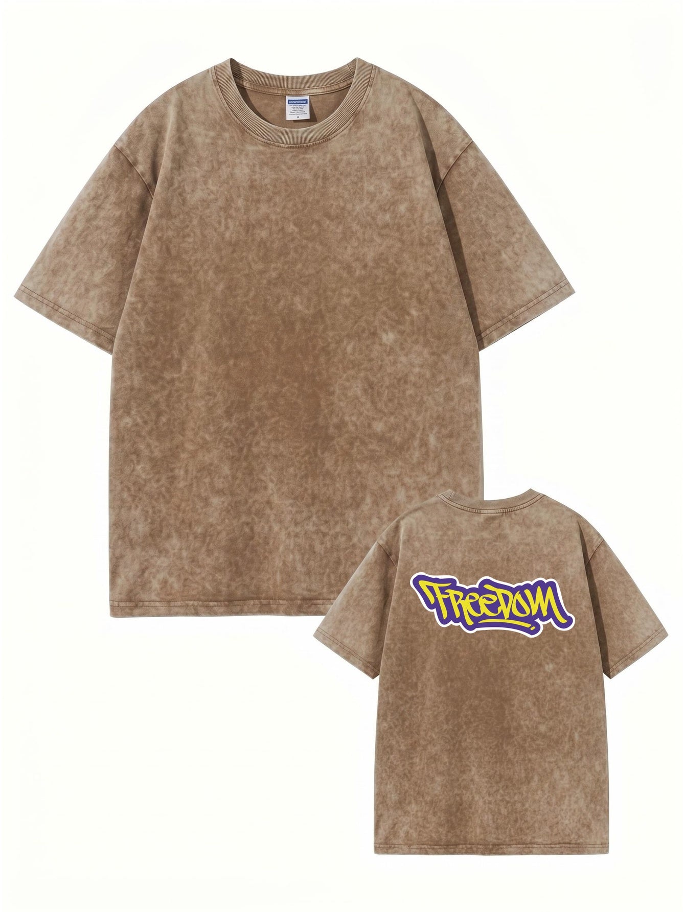 Vintage Washed Cotton T-Shirt with Graffiti 'Freedom' Back Print