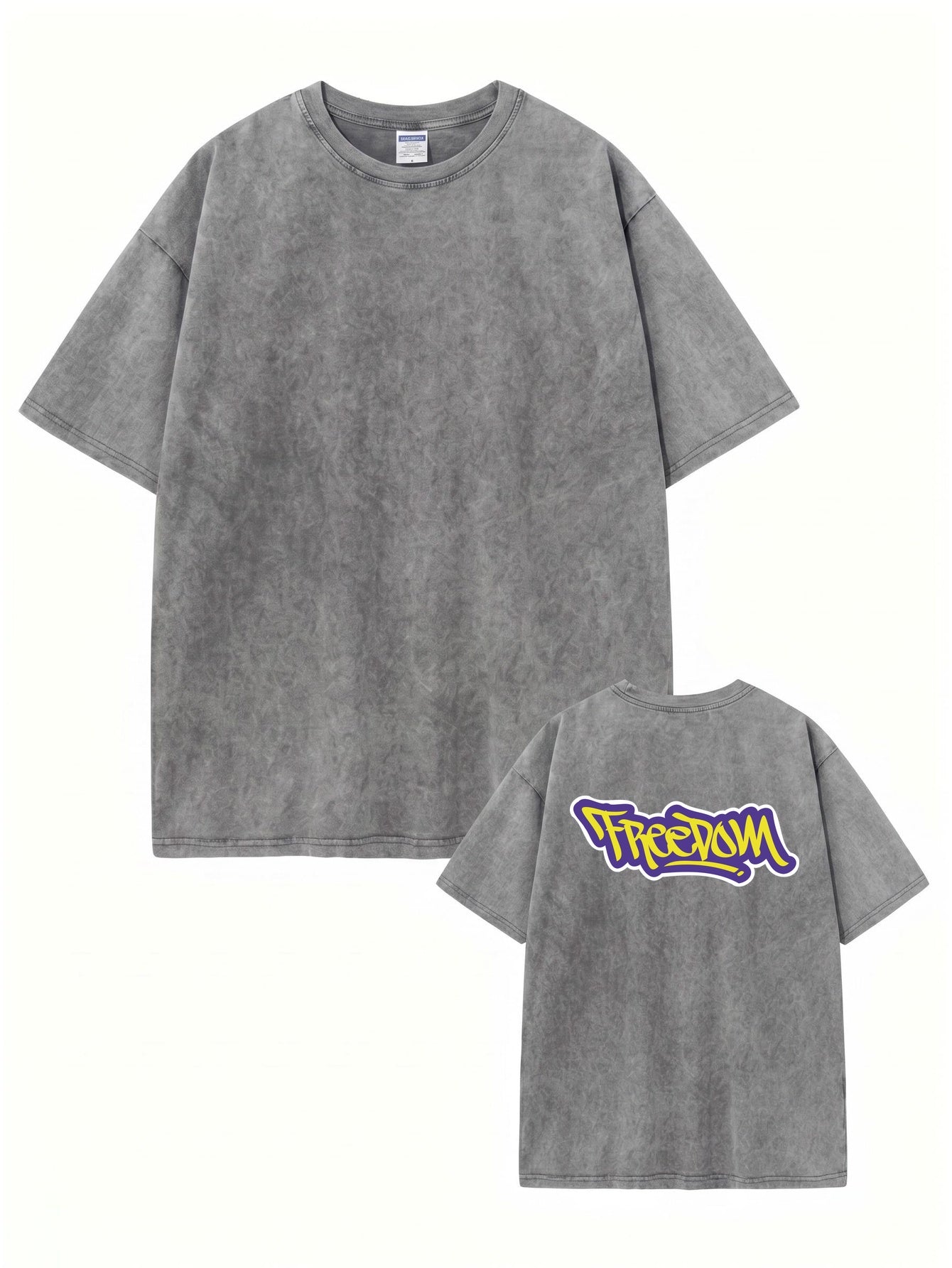 Vintage Washed Cotton T-Shirt with Graffiti 'Freedom' Back Print