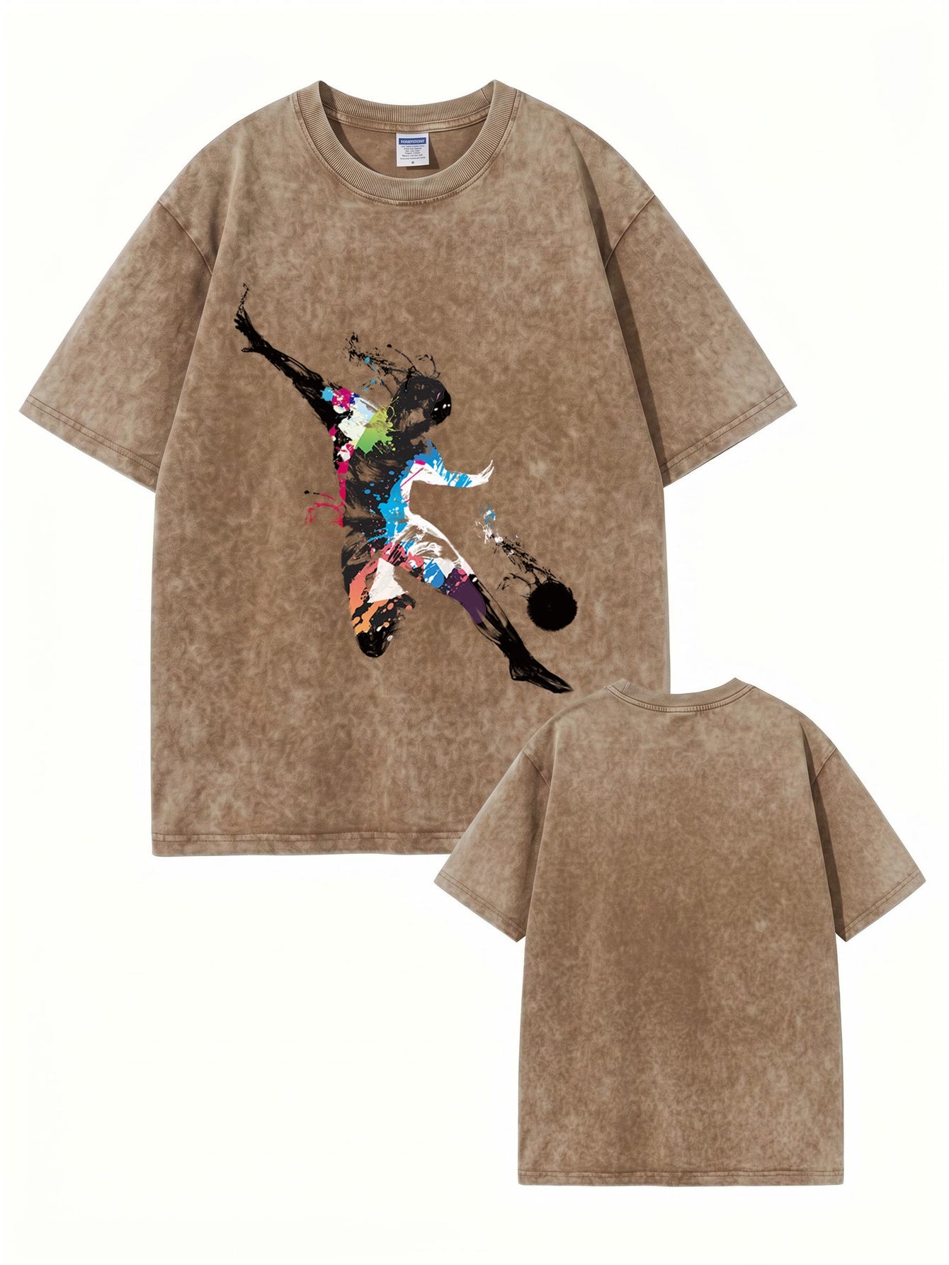 Vintage Washed Oversized T-Shirt with Artistic Soccer Player Graphic Print