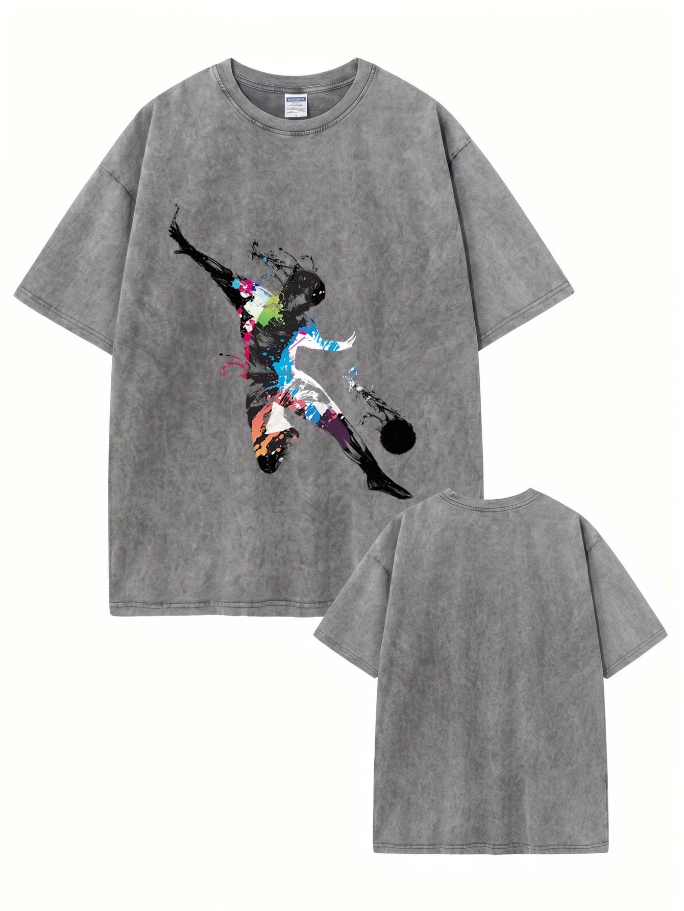 Vintage Washed Oversized T-Shirt with Artistic Soccer Player Graphic Print