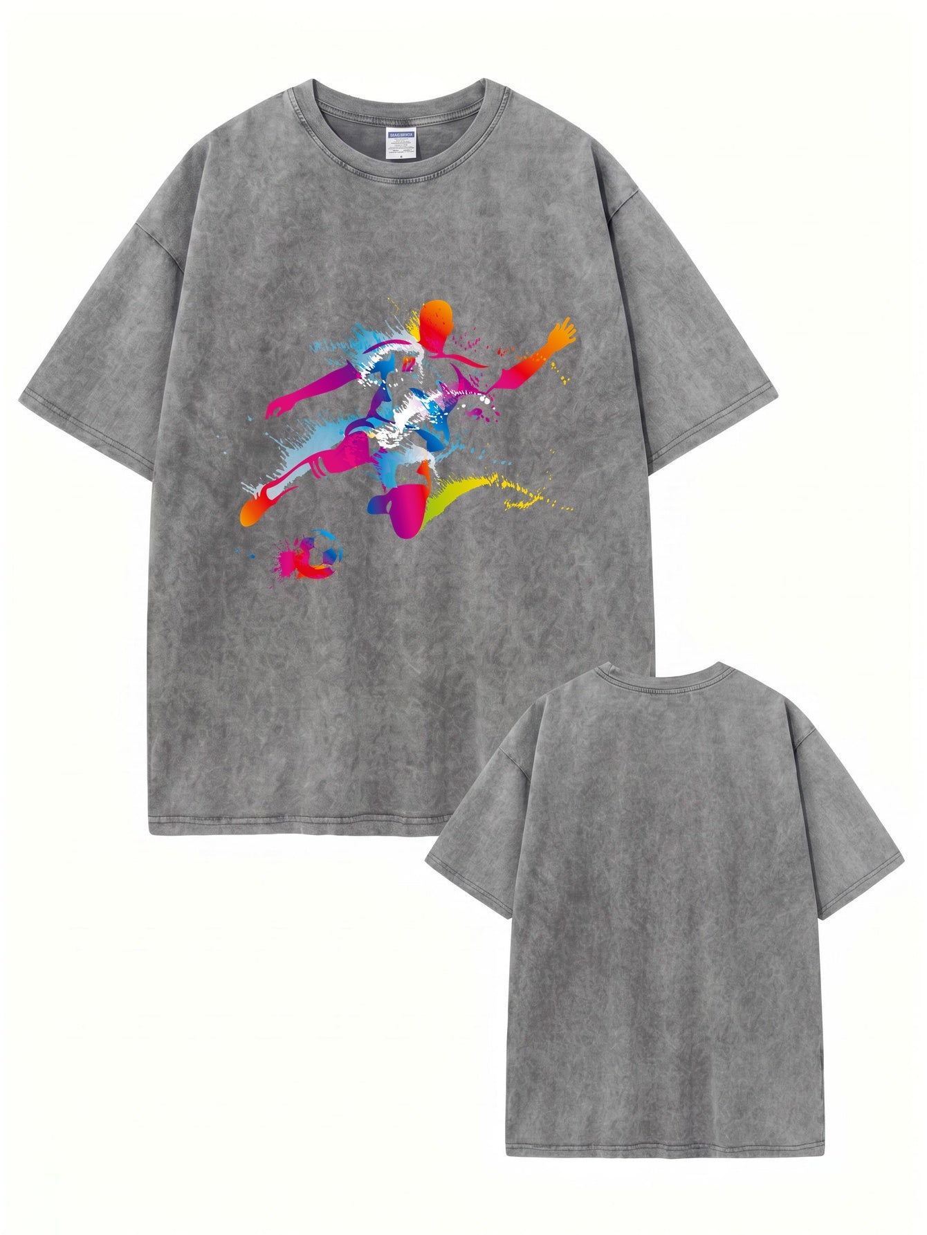 Vintage Washed Oversized T-Shirt with Vibrant Soccer Player Graphic Print