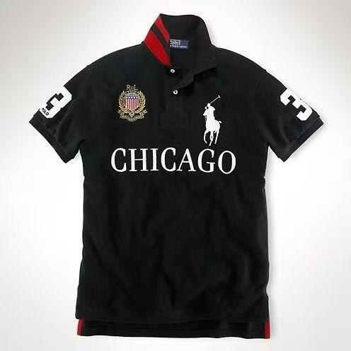 Black polo shirt with Chicago text and crest detail
