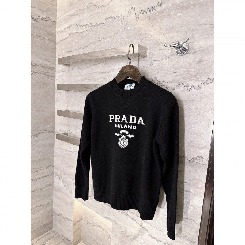 Black and white jacquard-knit crewneck sweater