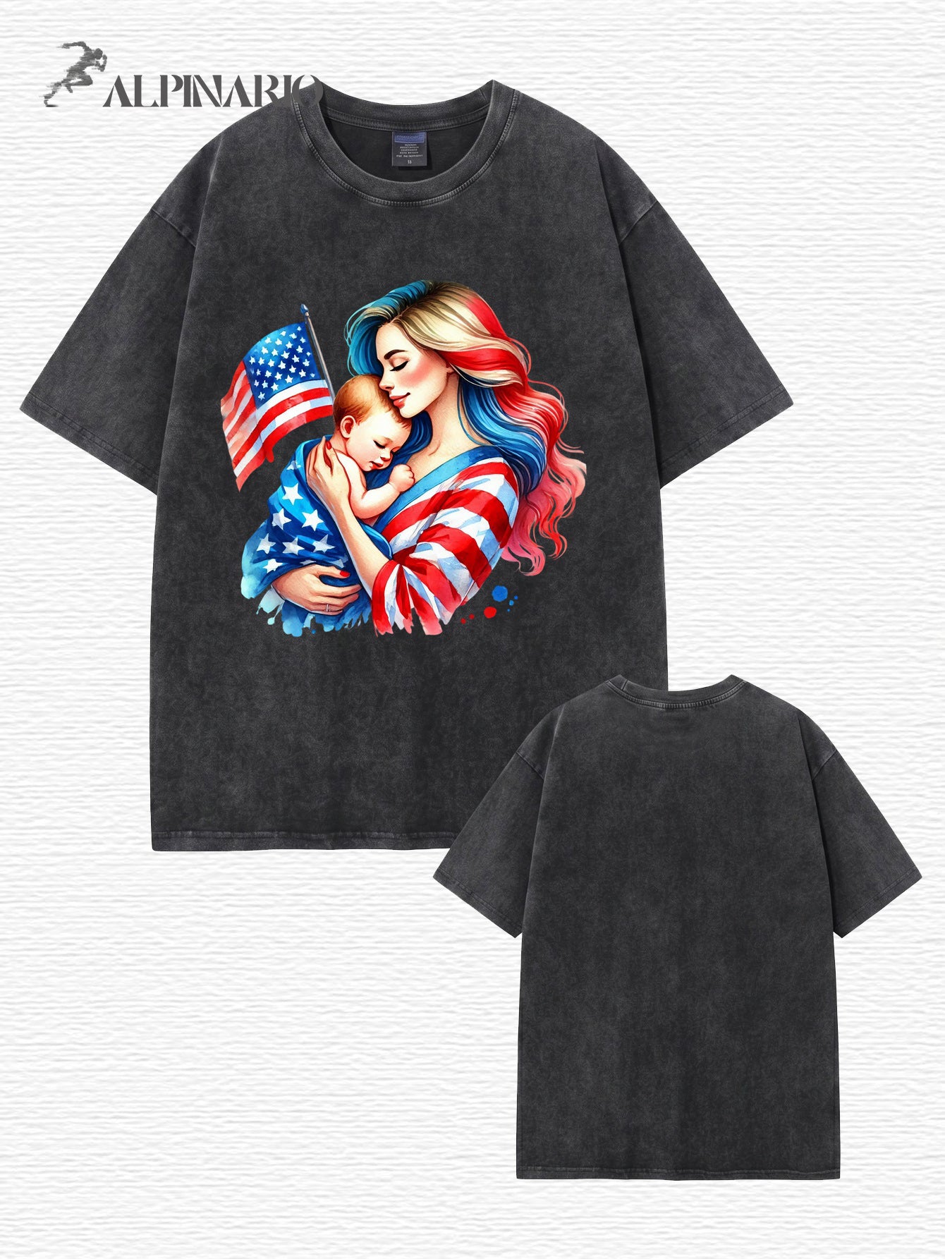 Vintage Washed Patriotic Mother & Baby Graphic Tee - 300GSM Cotton