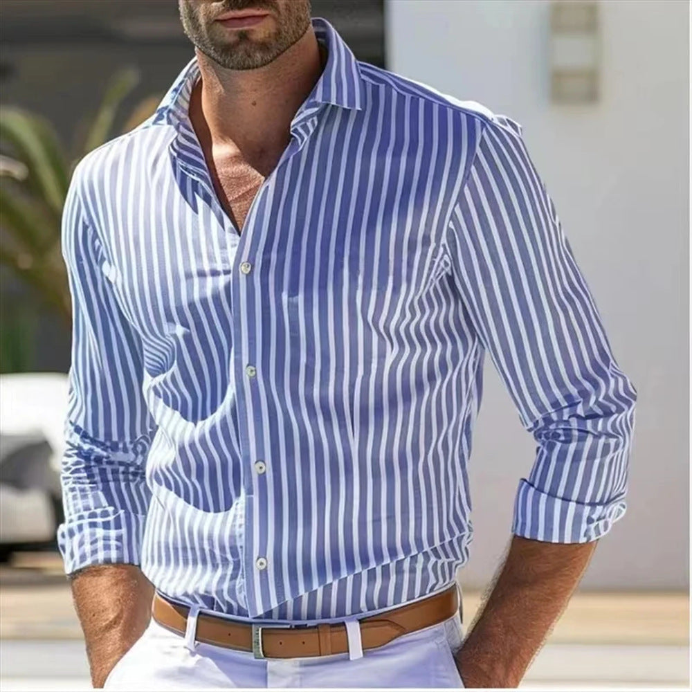 Blue and White Striped Long Sleeve Button-Down Cotton Shirt