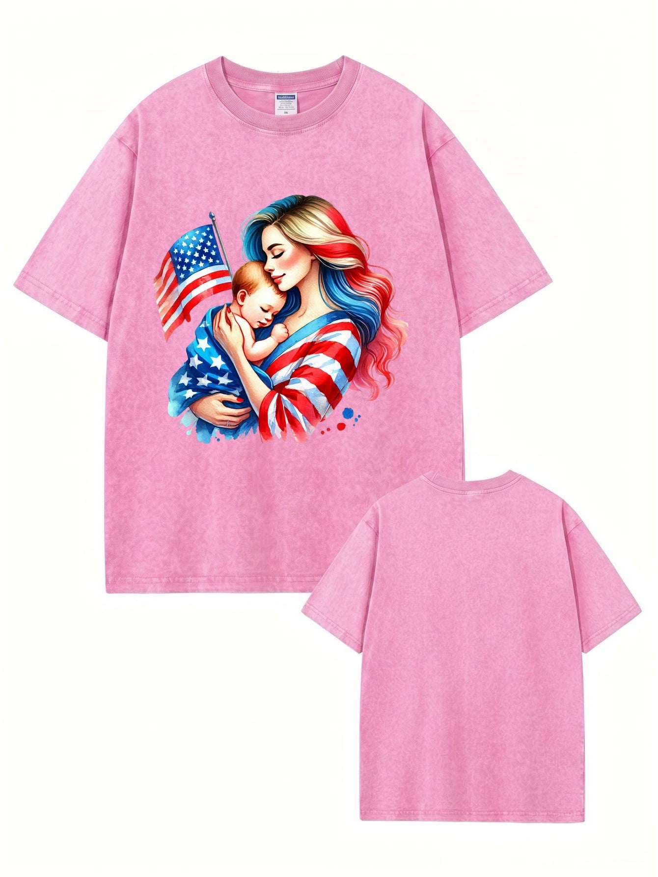 Vintage Washed Patriotic Mother & Baby Graphic Tee - 300GSM Cotton