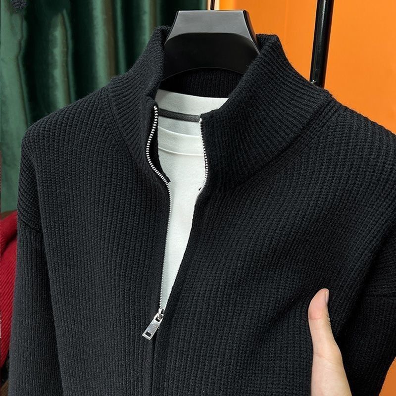 Ribbed Knit Zip-Up Sweater in Gray or Black with Stand Collar
