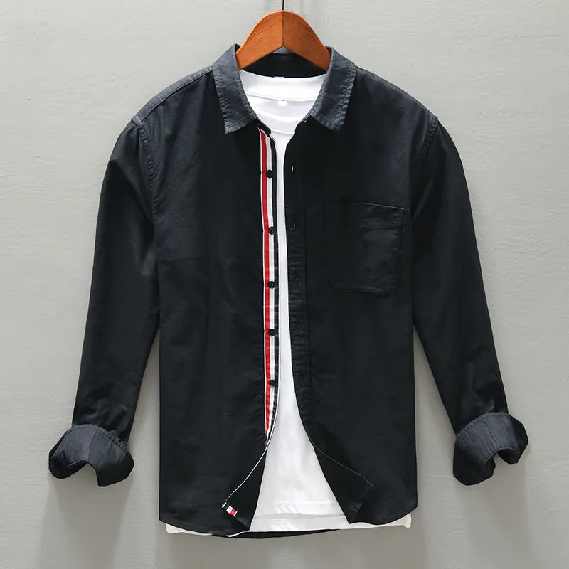 Classic long sleeve cotton oxford shirt with striped placket