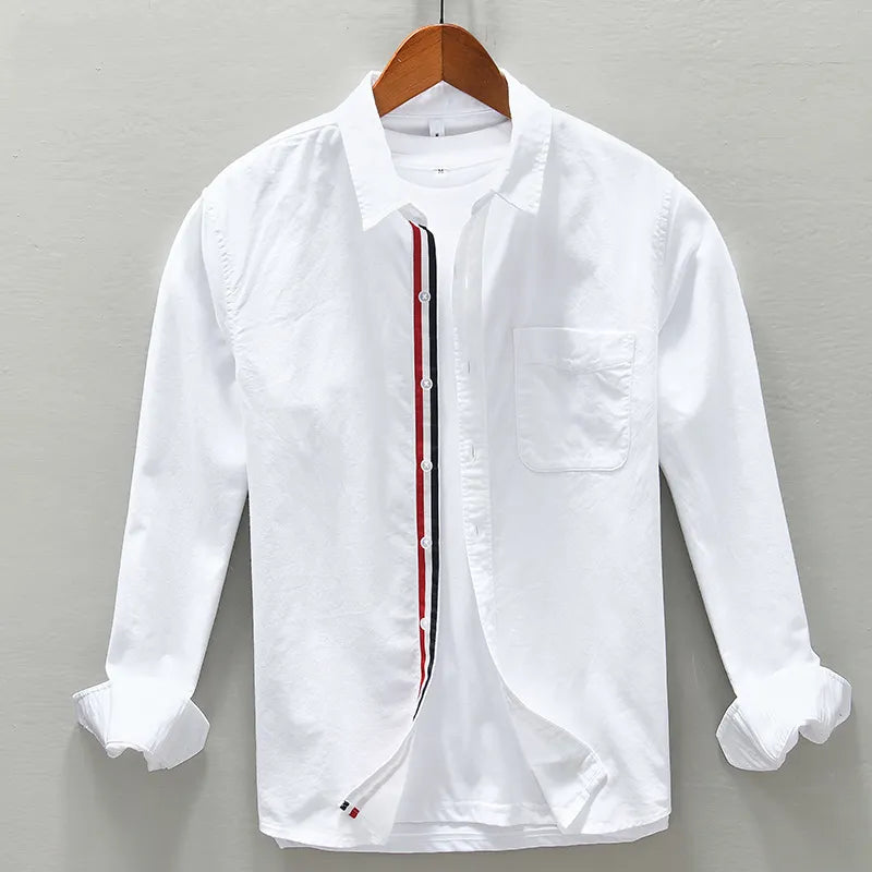 Classic long sleeve cotton oxford shirt with striped placket