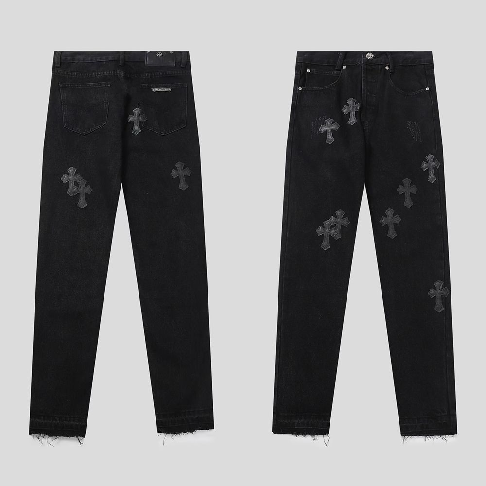 Black cross-patchwork washed straight-leg jeans