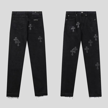 Black cross-patchwork washed straight-leg jeans
