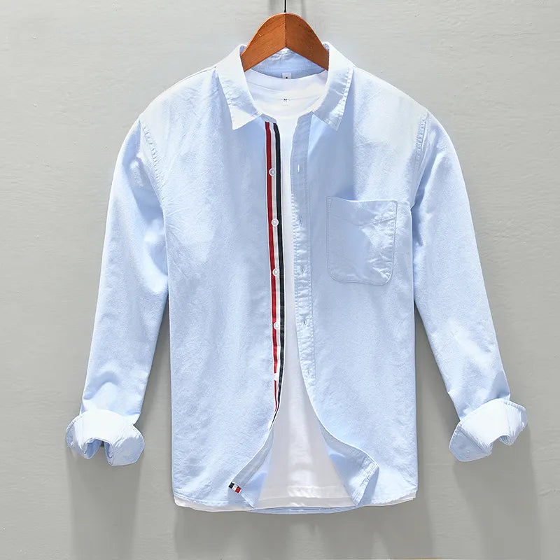 Classic long sleeve cotton oxford shirt with striped placket