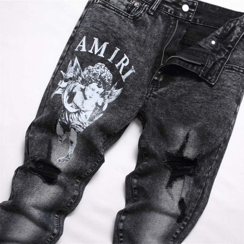 Men's Slim-Fit Ripped Biker Jeans, Acid-Wash Black Stretch Denim with Cherub Graphic Print and Distressed Knees