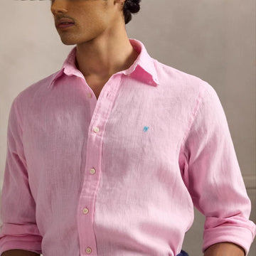 Linen embroidered polo shirt with rolled sleeves