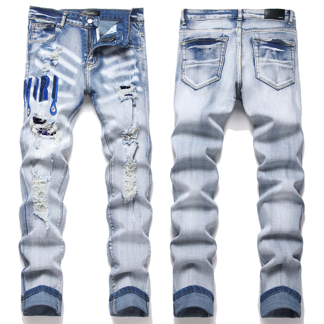 Blue ripped stretch denim jeans with embroidered thigh graphic