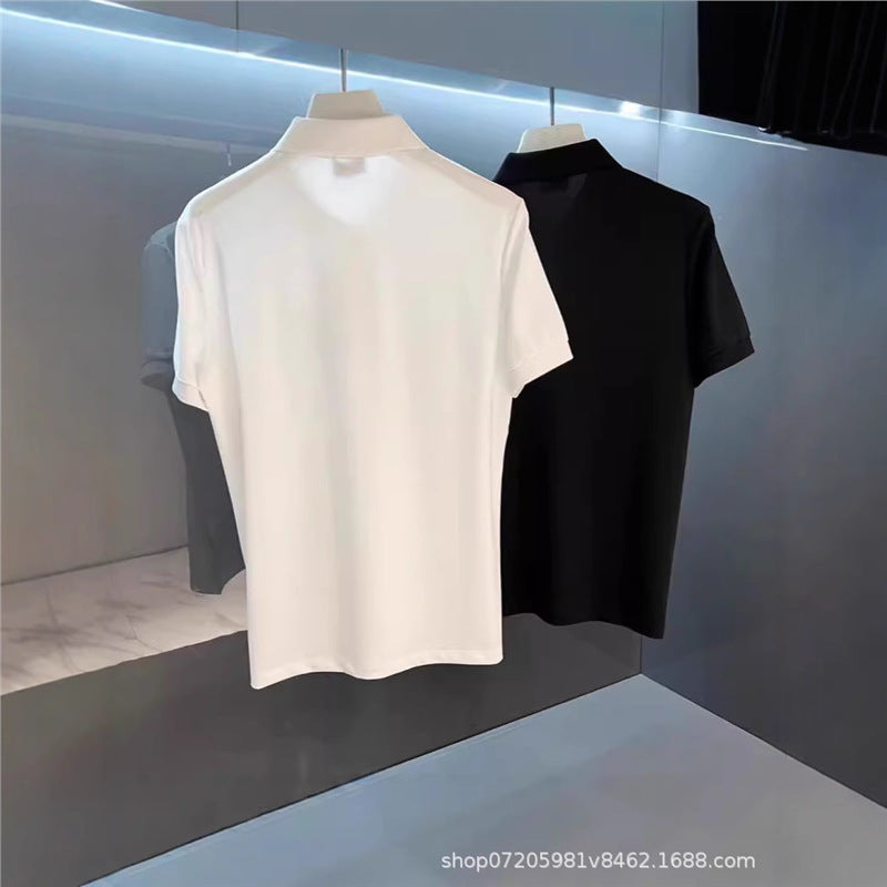 Men's Short-Sleeve Polo Shirt with Contrast Collar, Button Placket and Chest Emblem - White / Black