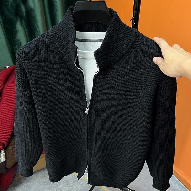 Ribbed Knit Zip-Up Sweater in Gray or Black with Stand Collar