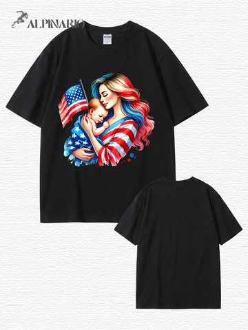 American Flag Mom and Baby Graphic T-Shirt | Patriotic Motherhood Tee