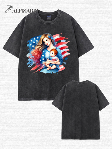 American Flag Mom & Baby Graphic Washed Vintage Cotton T-Shirt