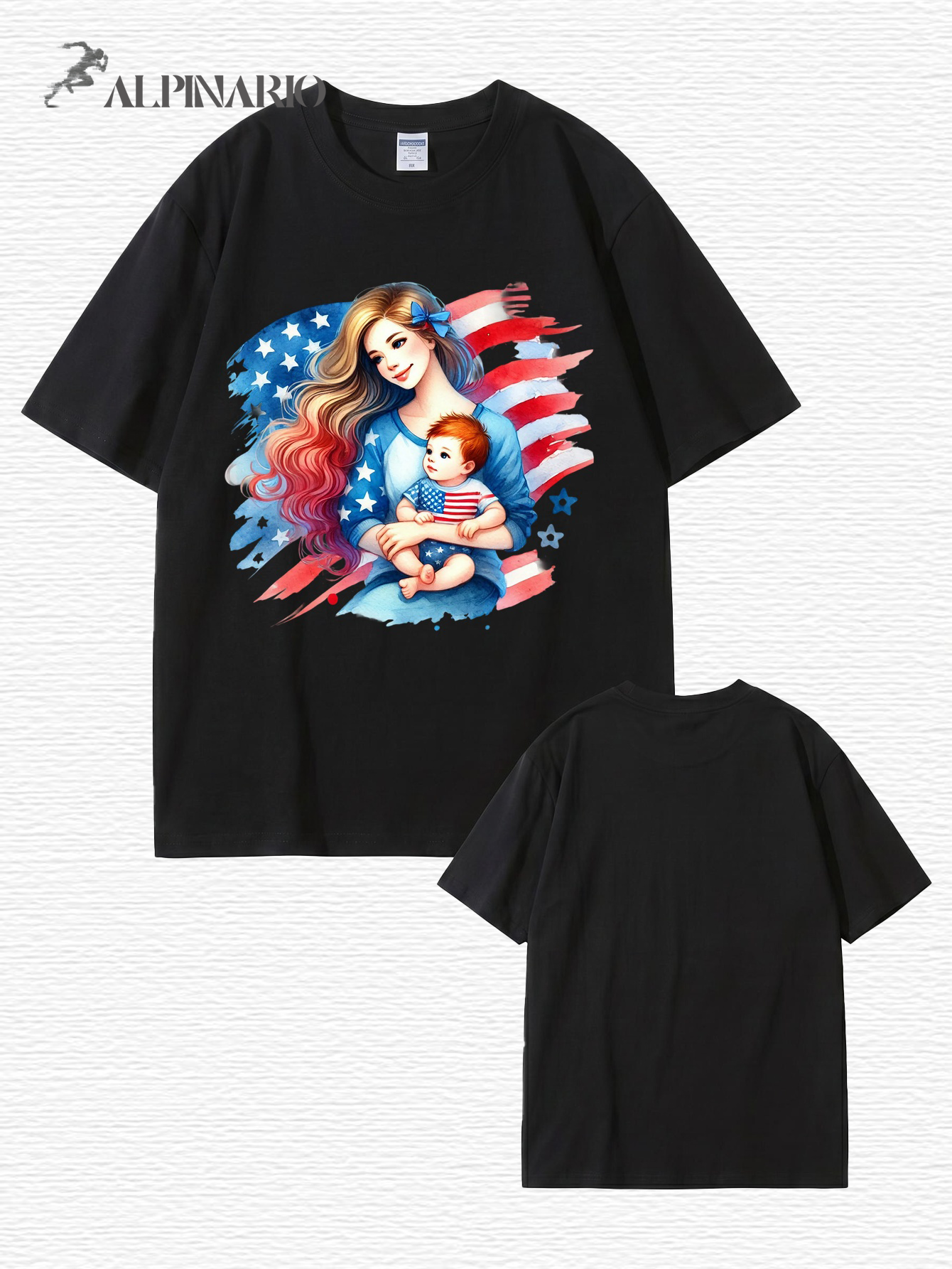 American Flag Mom and Baby Graphic Print Cotton T-Shirt