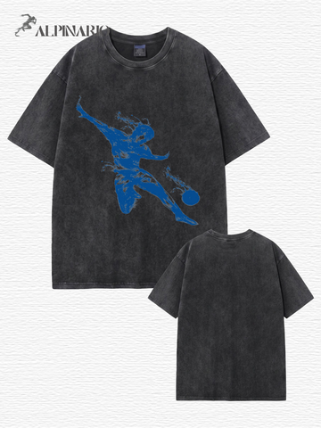 Vintage Washed Oversized T-Shirt with Dynamic Soccer Player Graphic Print