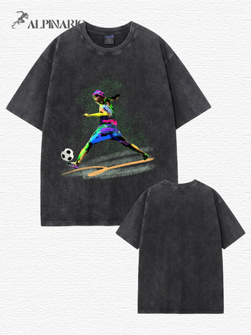 Vintage Washed Cotton T-Shirt with Vibrant Soccer Player Graphic Print