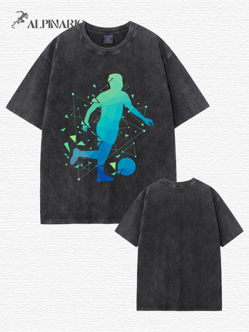 Geometric Soccer Player Graphic Tee - Heavyweight Vintage Wash Cotton T-Shirt