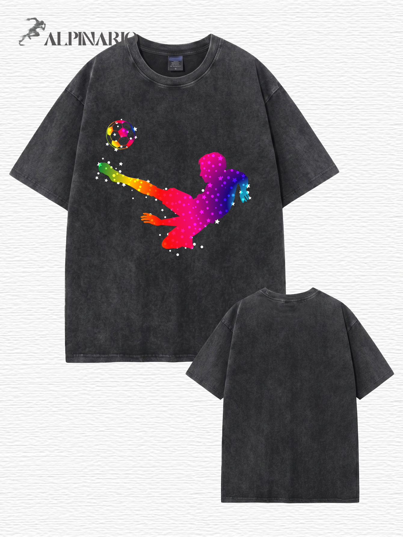 Vintage Washed Oversized T-Shirt with Rainbow Soccer Player Graphic