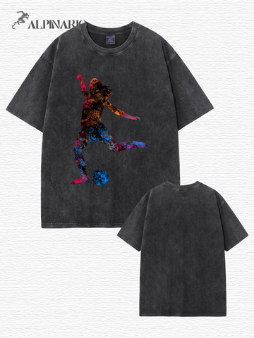 Vintage Washed Women Soccer Player Graphic T-Shirt - Heavyweight Cotton Tee