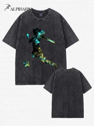 Vintage Washed Graphic Tee - Soccer Player Splash Art Cotton T-Shirt
