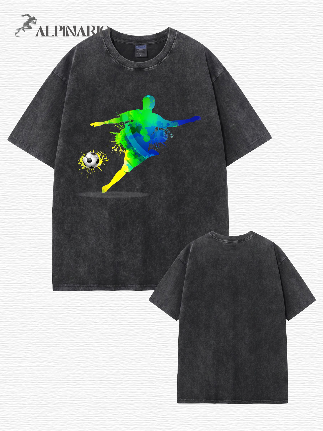 Vintage Washed Oversized T-Shirt with Colorful Soccer Player Graphic Print