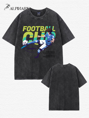 Vintage Washed Football Club Anime Graphic Heavyweight Cotton T-Shirt