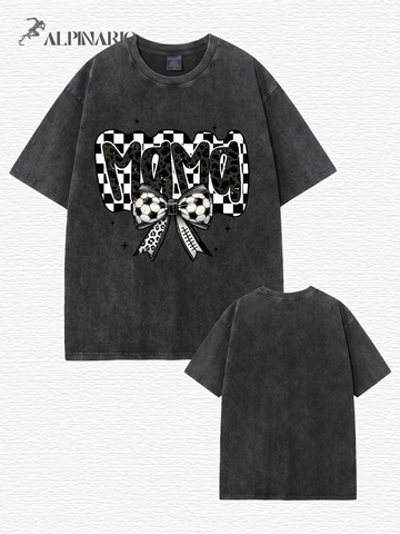 Vintage Washed MAMA Soccer Bow Graphic T-Shirt | 300gsm Heavyweight Cotton Tee