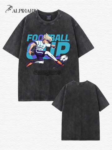 Vintage Washed Football Graphic T-Shirt - Anime Soccer Player Print