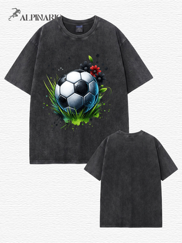 Vintage Washed Soccer Ball Floral Print Graphic T-Shirt