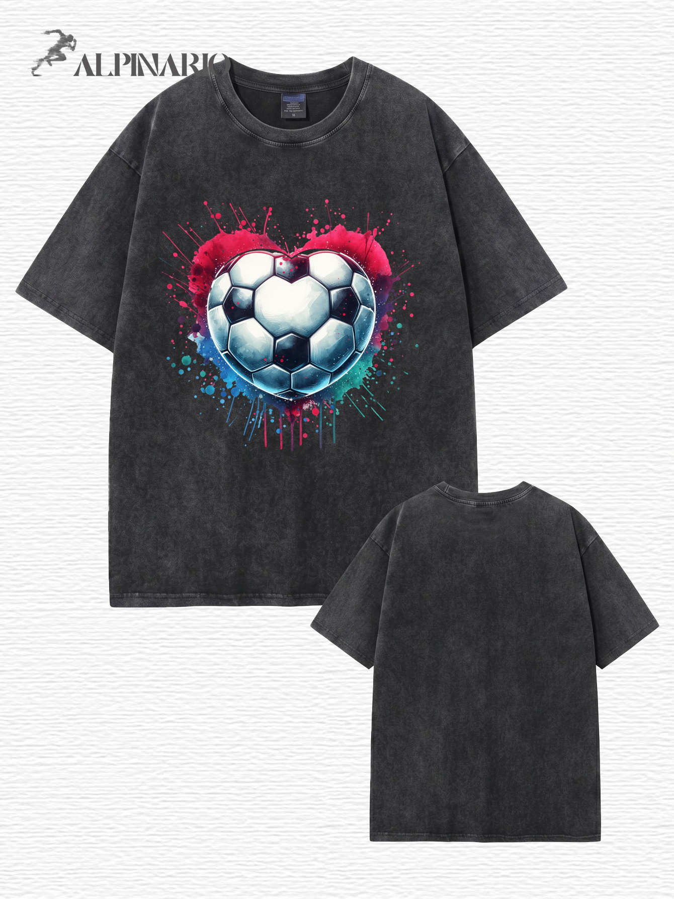 Vintage Washed Cotton T-Shirt with Heart-Shaped Soccer Ball Graphic Print