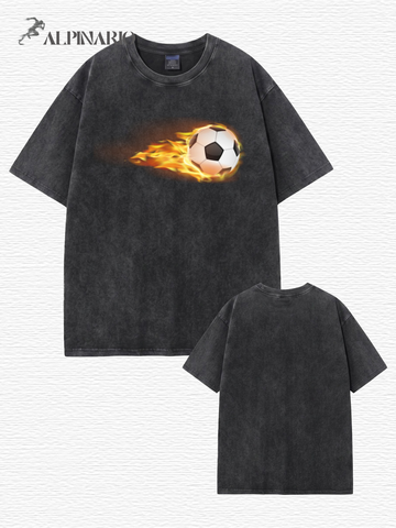 Vintage Washed Flame Soccer Ball Graphic T-Shirt | Heavyweight Cotton Tee