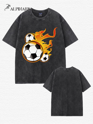 Vintage Washed Cotton T-Shirt with Flaming Soccer Ball Graphic Print