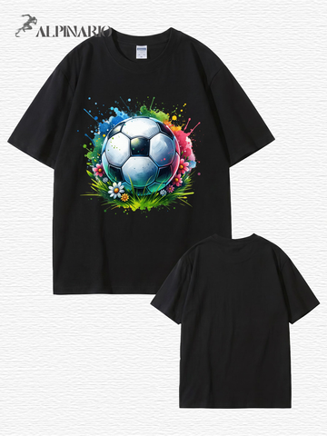 Colorful Watercolor Soccer Ball Floral Graphic Cotton T-Shirt